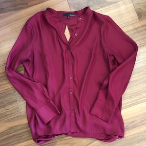 Ro & De Open Back Button Down Silky Wine Red Blouse